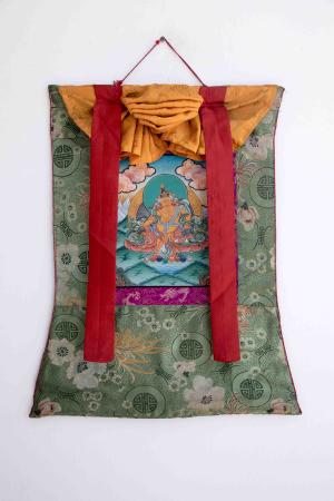 Dzambala Kubera Thangka With Brocade | Original Hand-Painted Deity Of Wealth